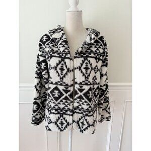 Eye Candy M Cream Black Aztec Print Sherpa Fleece Open Hooded Cardigan EUC